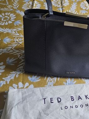 Ted Baker Dark Gray Pebbled Leather Tote with Gold Hardware